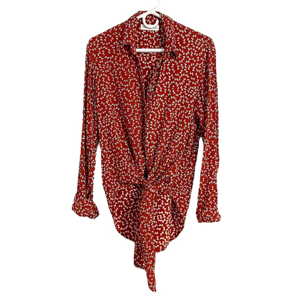 Faithfull The Brand Hosk Tie Front Blouse Pin Up Bow Print Size US 6